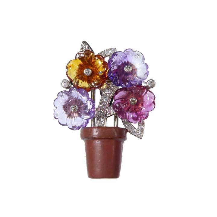 Vari-coloured gem and diamond set flowerpot brooch